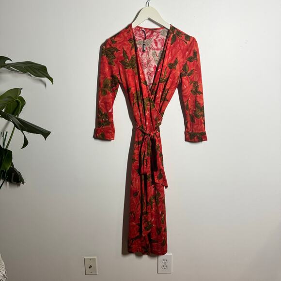 Fiori Di Zucca Silk Wrap Dress Women S Red Orange Leaf Print Knee Length Career - Picture 3 of 11